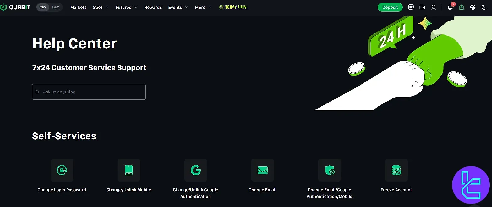 صفحه Help Center در صرافی اوربیت