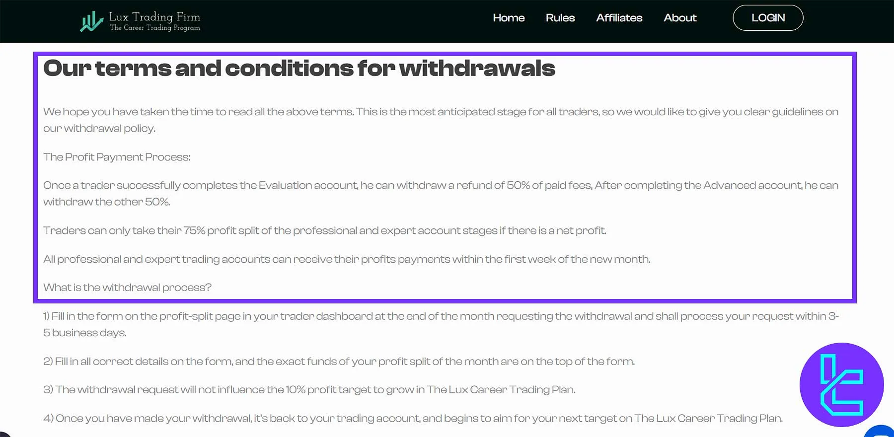 قوانین و مراحل برداشت سود در لوکس تریدینگ فرم