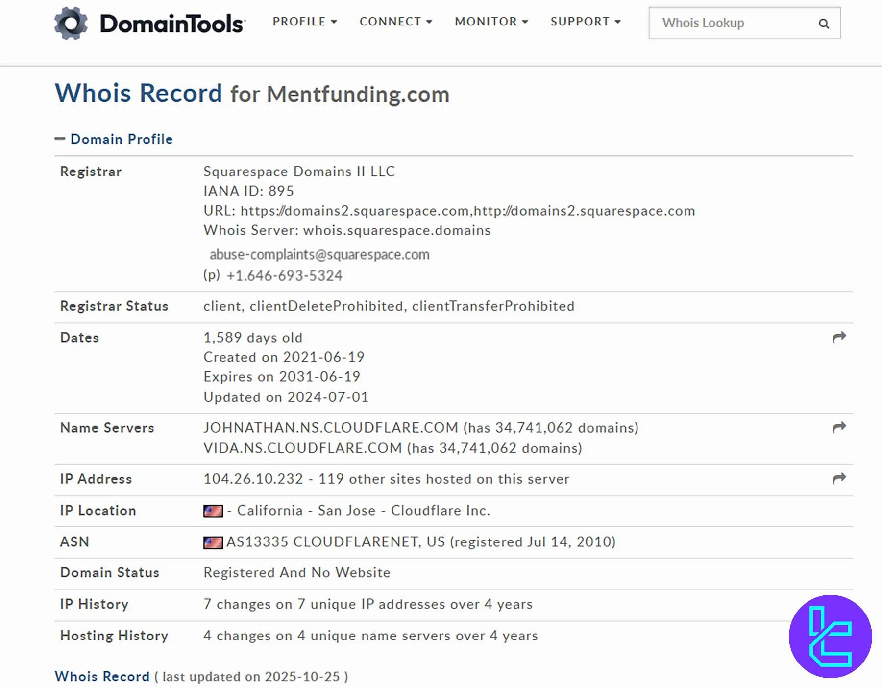 تصویر گزارش Whois دامنه رسمی MentFunding.com شامل جزئیات ثبت و میزبانی Cloudflare