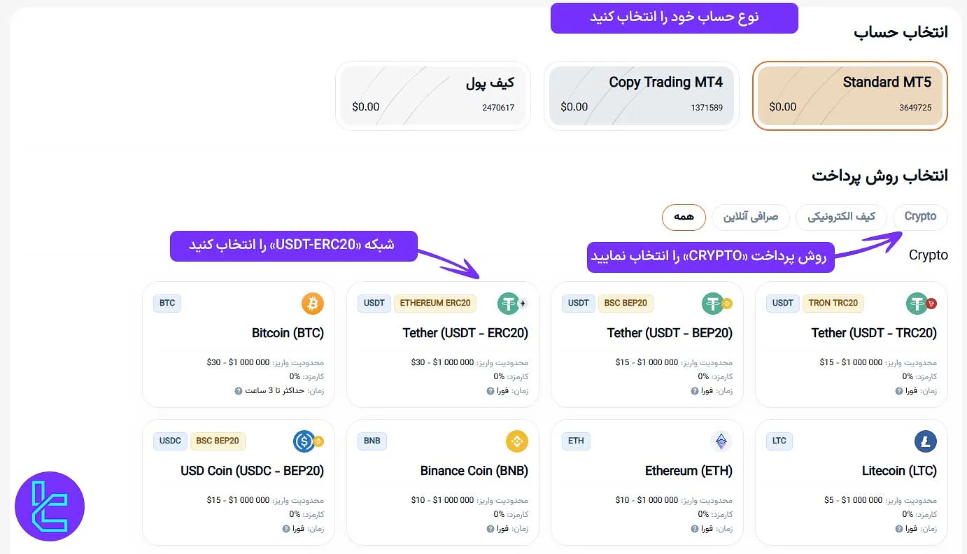 انتخاب روش پرداخت جهت شارژ حساب آمارکتس