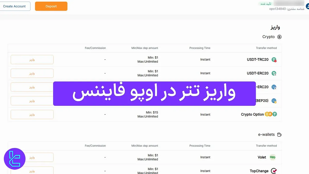 واریز تتر در اوپو فایننس (OpoFinance) 1404 [حداقل شارژ حساب 1$ با USDT ERC20] 