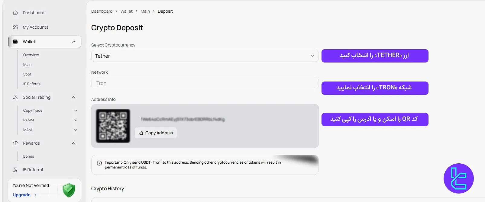 انتخاب شبکه ترون برای شارژ حساب یونیکورن