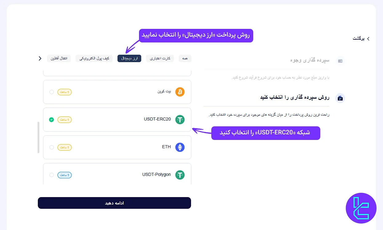 انتخاب روش سپردهگذاری در Startrader