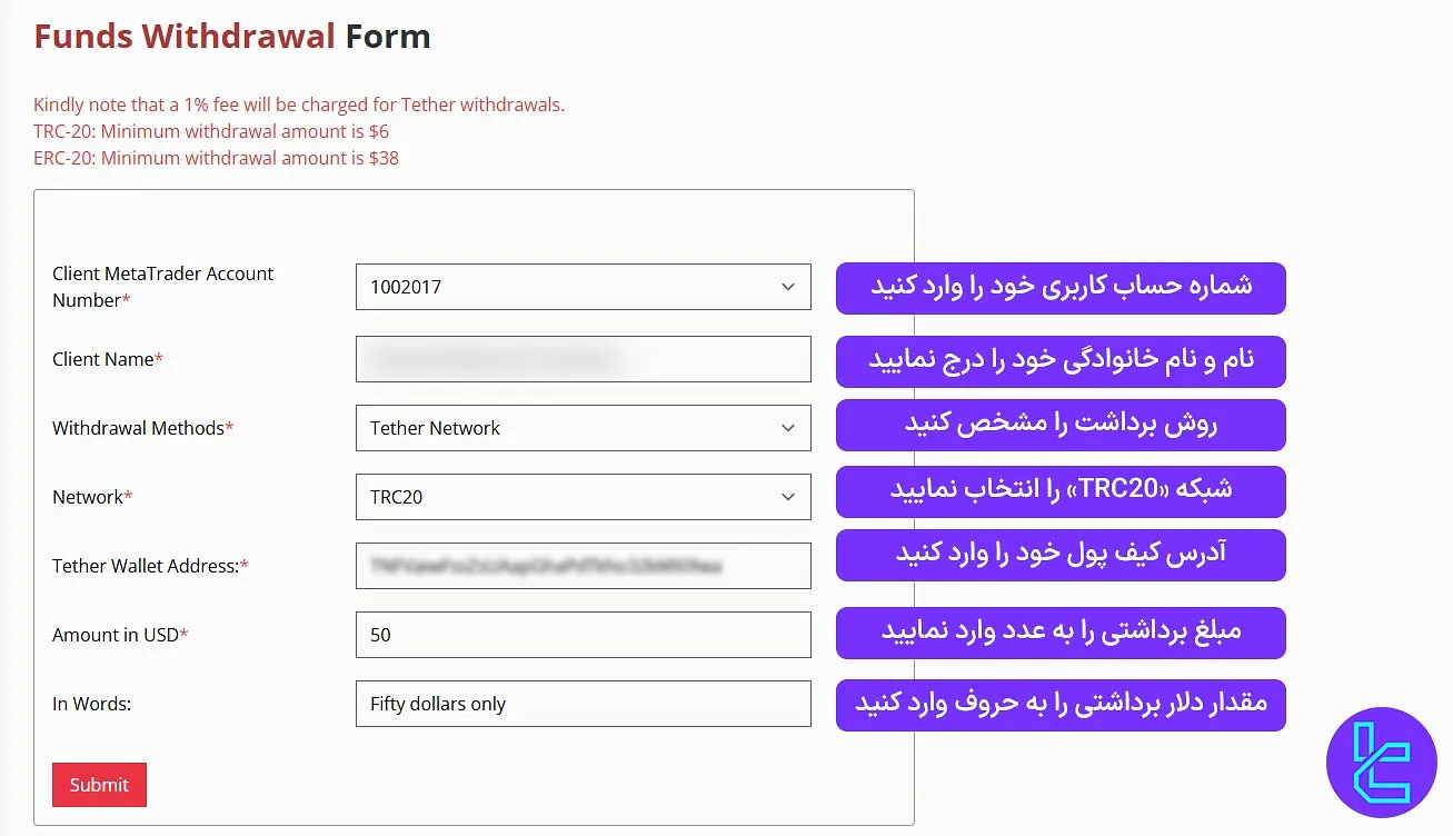 پر کردن فرم برداشت از بروکر ICM Brokers