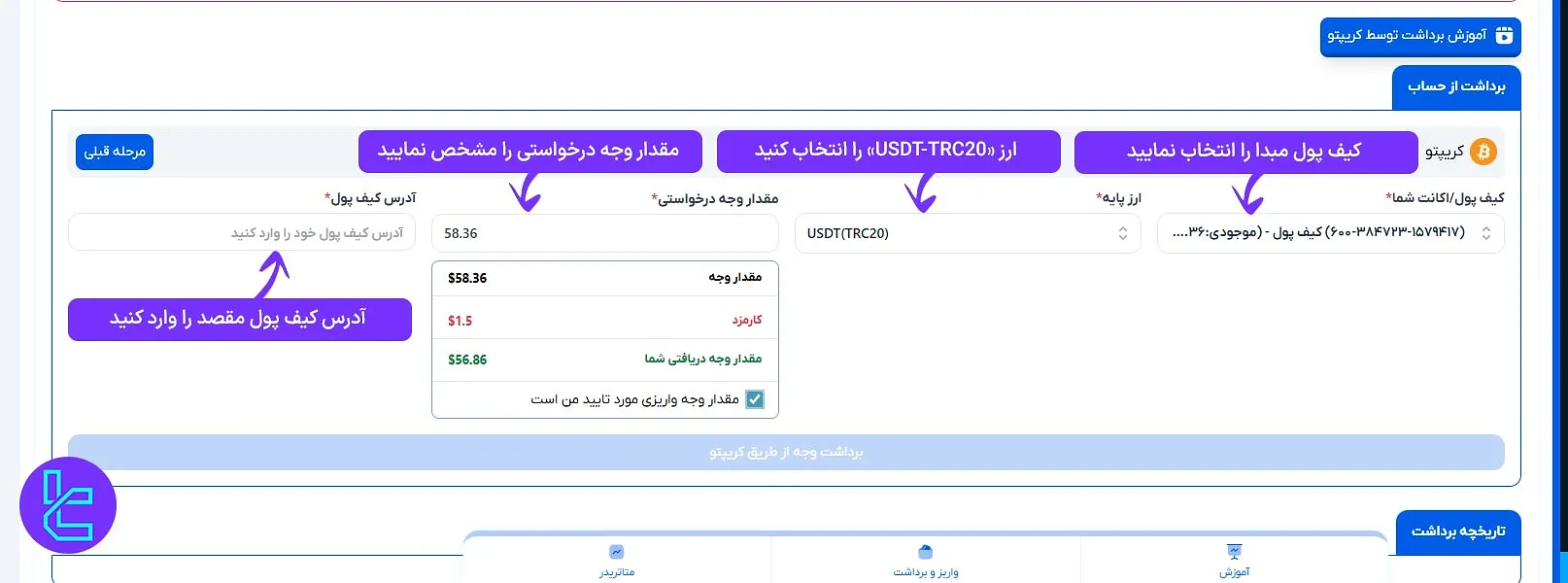 پر کردن فرم برداشت از حساب Orbex