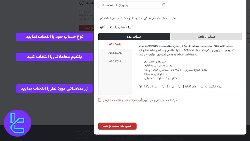 انتخاب حساب لایو یا دمو در ساخت حساب تریدرز وی