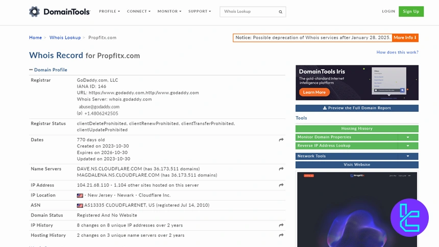 ارزیابی دامنه پراپ فیت در Whois