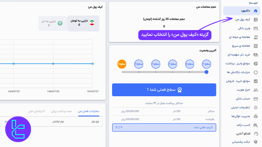 محیط کاربری در صرافی ارزپایا برای شارژ حساب با تتر
