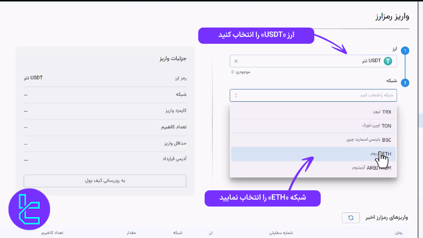تعیین کوین و پروتکل انتقال برای شارژ صرافی آریومکس