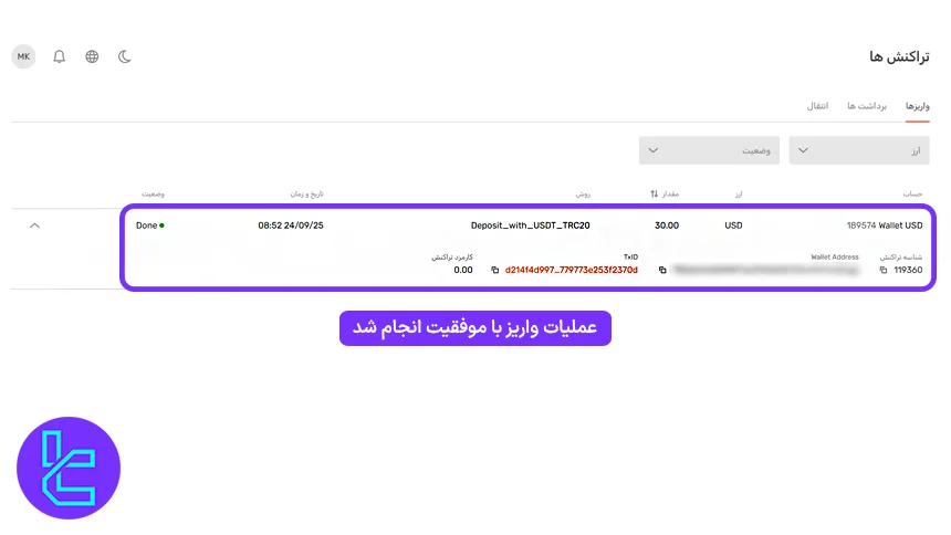 مشاهده تراکنش موفق واریز تتر موند اف ایکس
