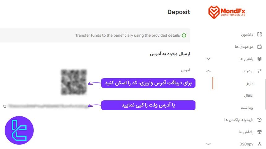 آدرس واریز تتر برای شارژ موند اف ایکس با تتر