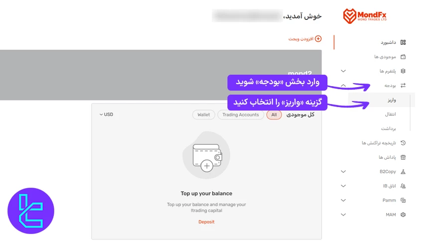ورود به بخش واریز برای شارژ حساب موند اف ایکس با USDT