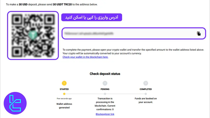 QR کد و آدرس واریز برای شارژ بروکر آی تی بی اف ایکس با تتر