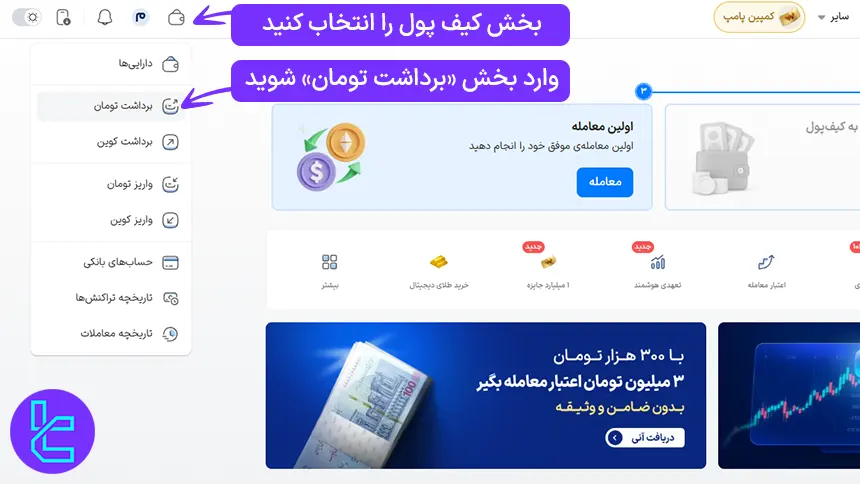ورود به کیف پول شخصی برای برداشت تومان از والکس