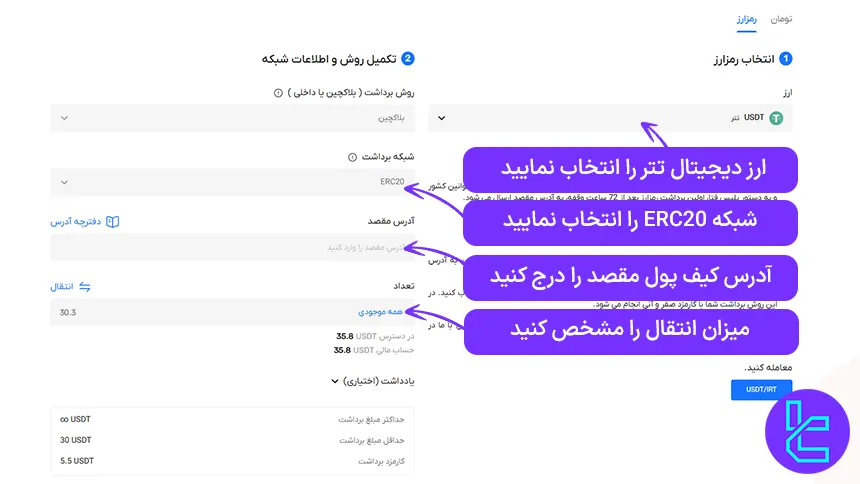 صفحه برداشت تتر از صرافکس